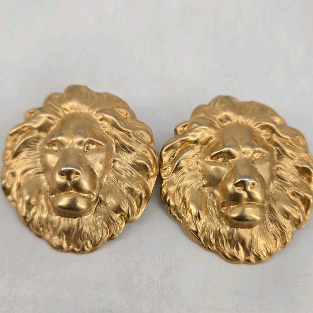 Vintage 1980s Gold Tone Lion Head Heritage Glam Large Earrings 1.75" Post Back